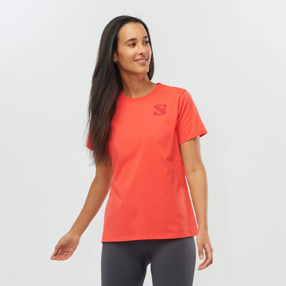SALOMON OUTLIFE SMALL LOGO SS W Philippines - Women's Tee Shirts - Coral | 328796-XUG